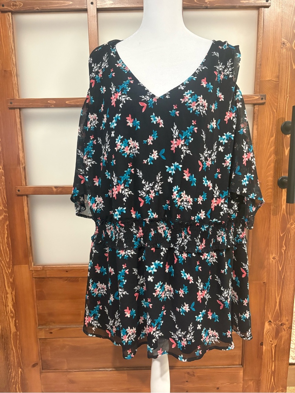 Lane Bryant Black Top with Subtle Blue and Pink Accents